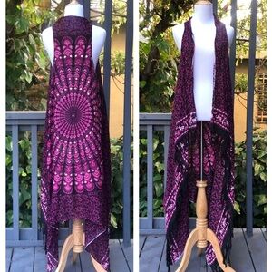 Boho Western Aztec Print Fringe Sequins Purple Open Front Jacket Shawl, One size